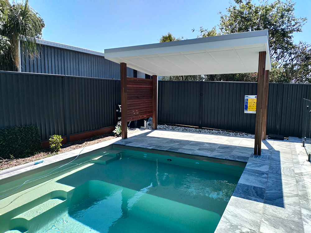 This pool area had no trees or shade and the new Pool Cabana creates a great area to sit by the pool and a large amount of shade for the shallow end and stair area of the pool.
