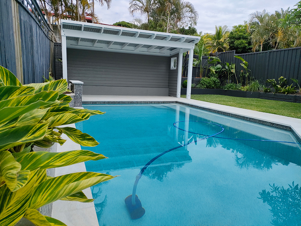 This beautiful Pool Cabana has many features including full side wall, full back wall and partial side wall. It looks lovely set into the newly renovated backyard in Wynnum, QLD.