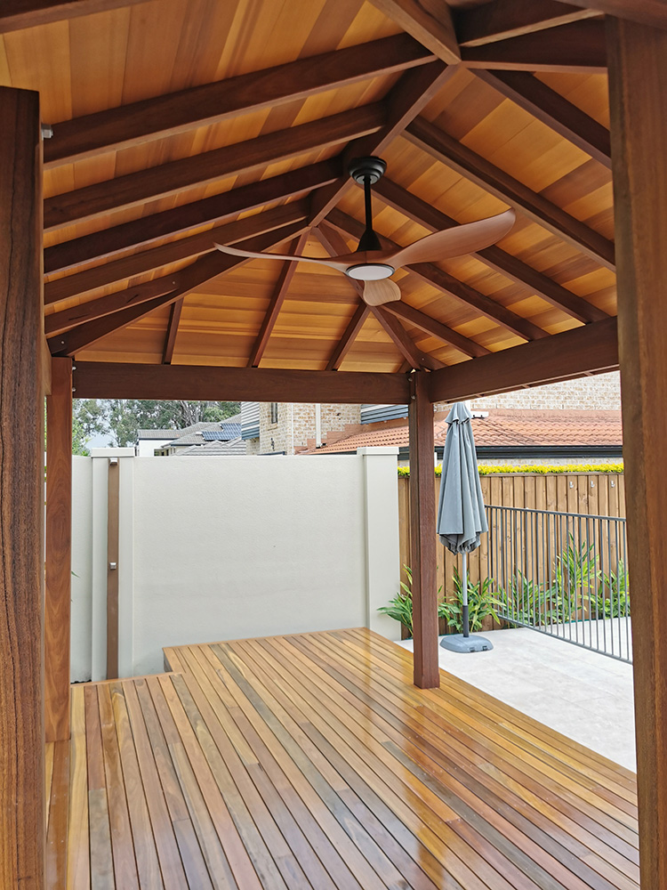 This Gazebo has a cedar ceiling lining that has been selected and it matches the Spotted Gum colors really nicely.