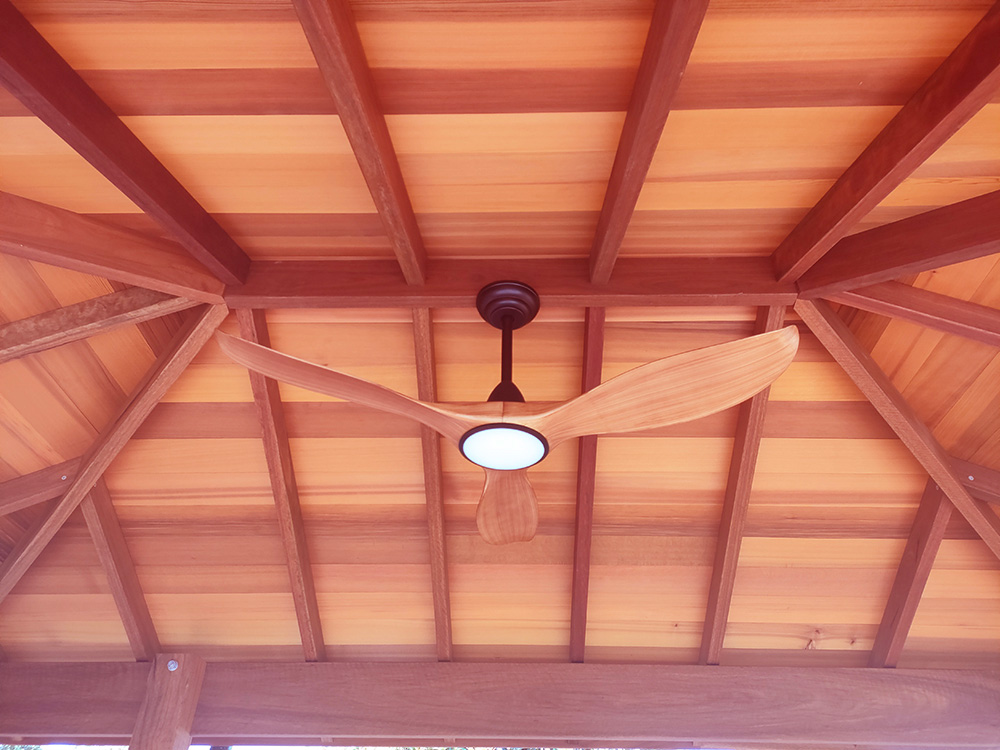 The Cedar ceiling and wooden fan look really great in this new gazebo.