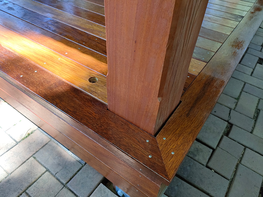 The Solid Spotted Gum Posts look great next to the Merbau decking and holes have been pre-drilled for lighting to be set by the electrician that is following our installation.