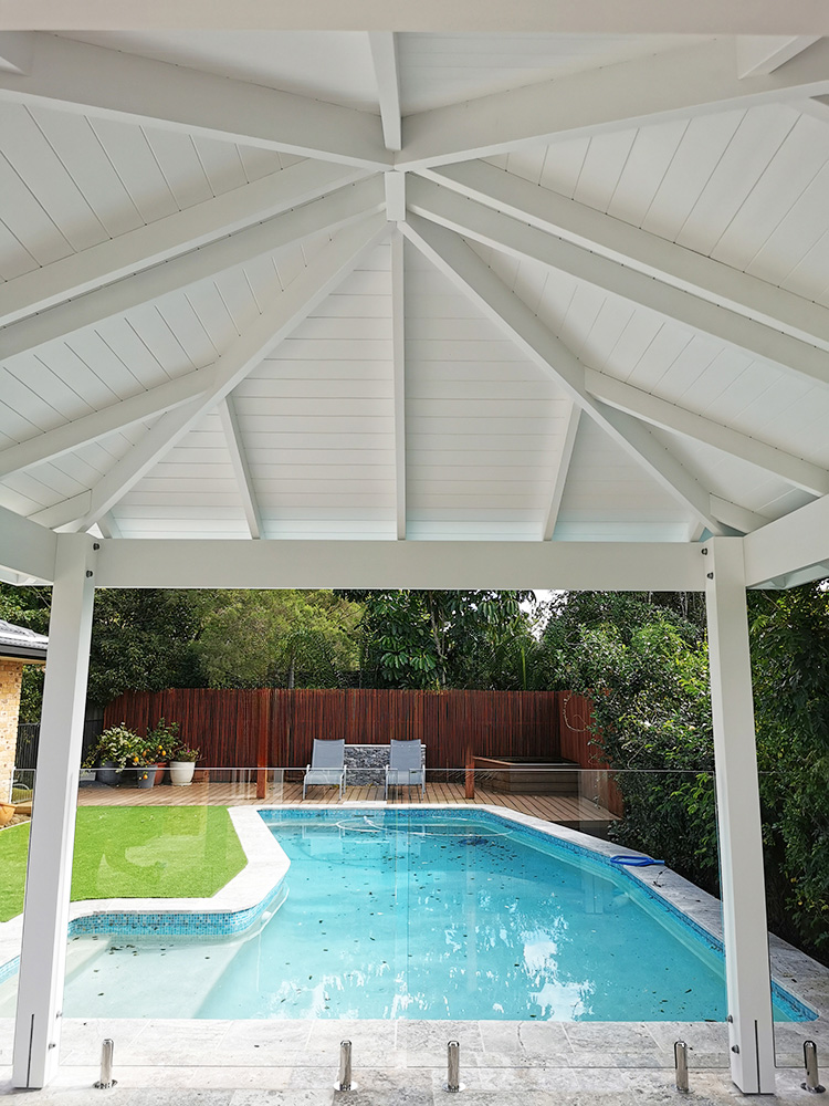 The Gazebo with VJ Ceiling looks out over the pool towards the new deck area. (this picture shows the 2 posts for the new Pergola which has not been installed yet). Check for pictures of this finsihed project.