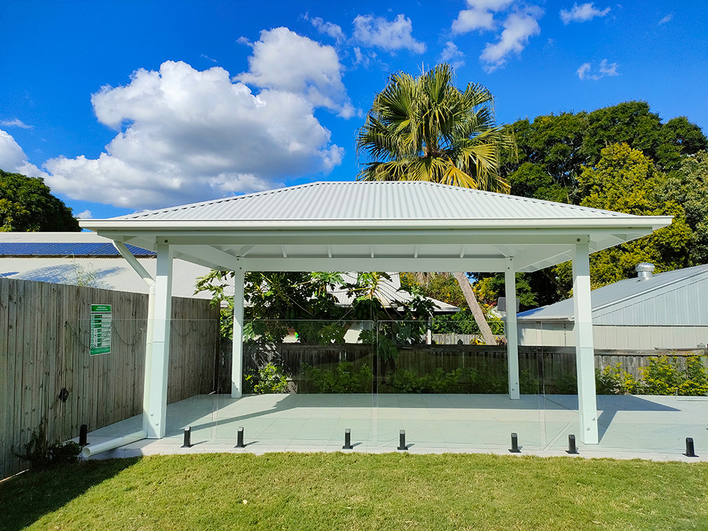 This Gazebo is painted in Lexicon white and is sized to fit within this large pool surround creating a lovely new entertainment area beside the pool.