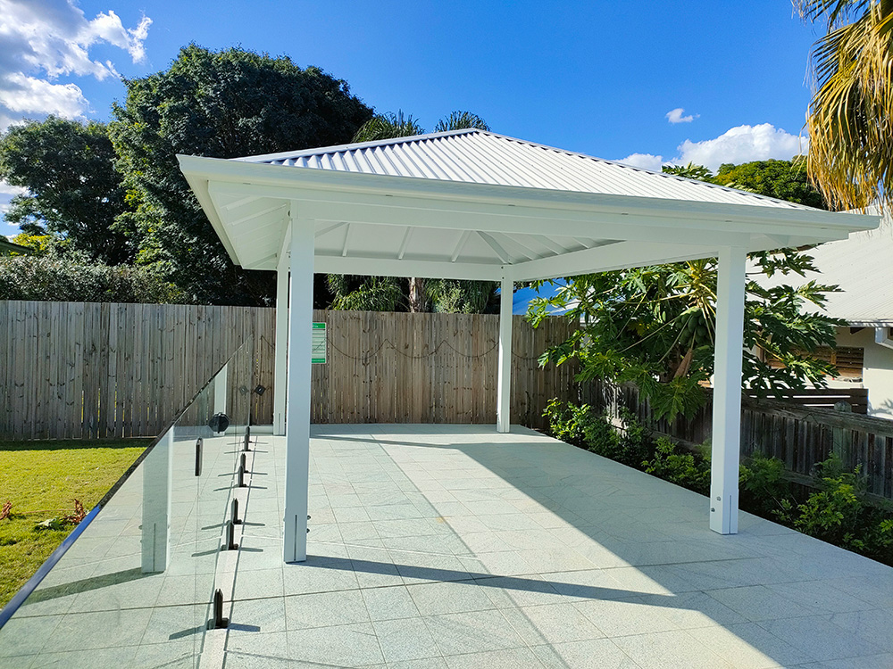 This Gazebo is painted in Lexicon white and is sized to fit within this large pool surround creating a lovely new entertainment area beside the pool.