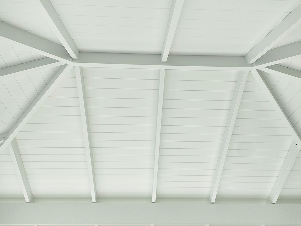 The Gazebo's exposed rafters and painted VJ ceiling has a flawless finish.