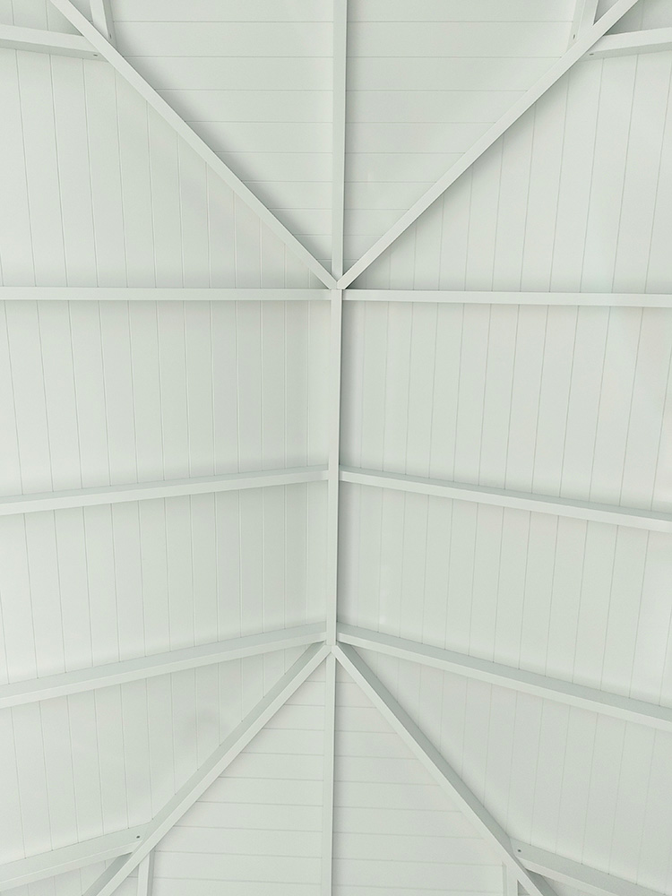 VJ Ceiling has been selected for this Gazebo with exposed rafters. All timber material is painted individually and then installed at your residence for a remarkably clean and well defined finish on each piece of timber.