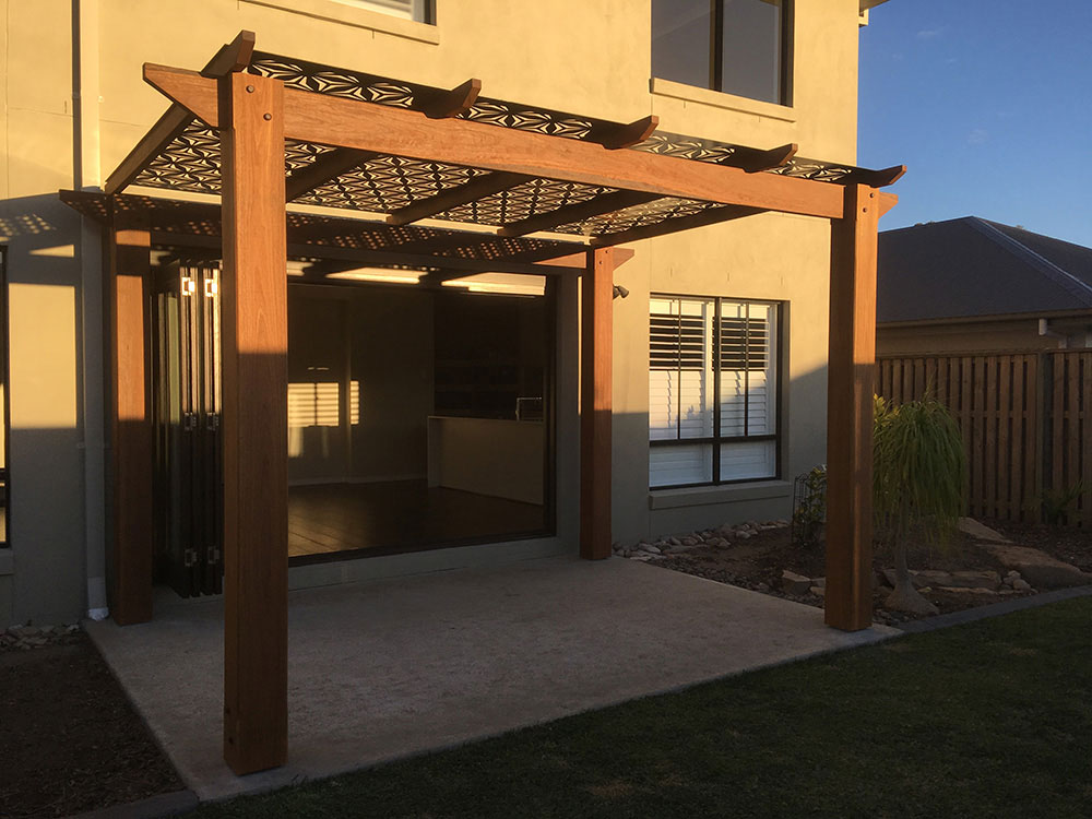 Spotted Gum Timber Pergola with Decorative Aluminium Screening