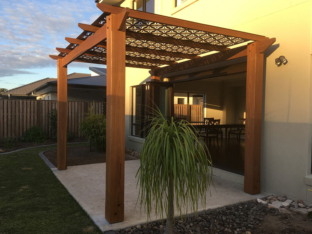 Spotted Gum Timber Pergola with Decorative Aluminium Screening