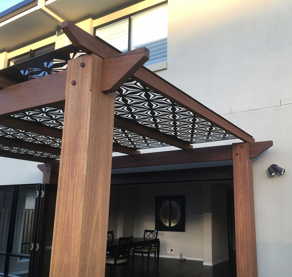 Spotted Gum Timber Pergola with Decorative Aluminium Screening