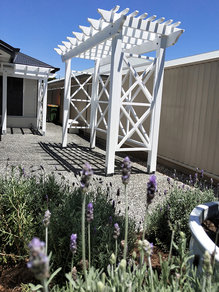 This while pergola looks striking beside the garden. New flowering vines are planned to grow up and around the screening and Pergola.