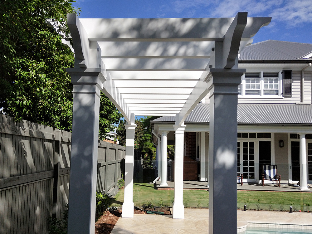 The notched in, extra thick, laminated rafters create a really beautiful feature for this Pergola.