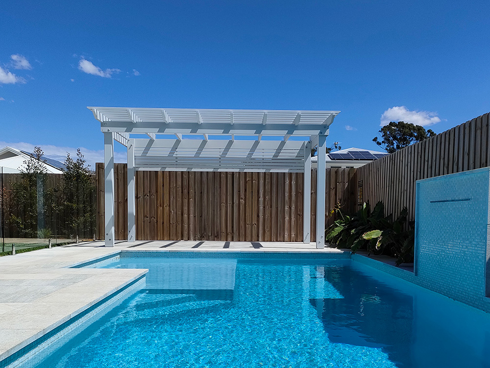 This Pine Pergola with front overhang has been selected for this residence in Ormiston.