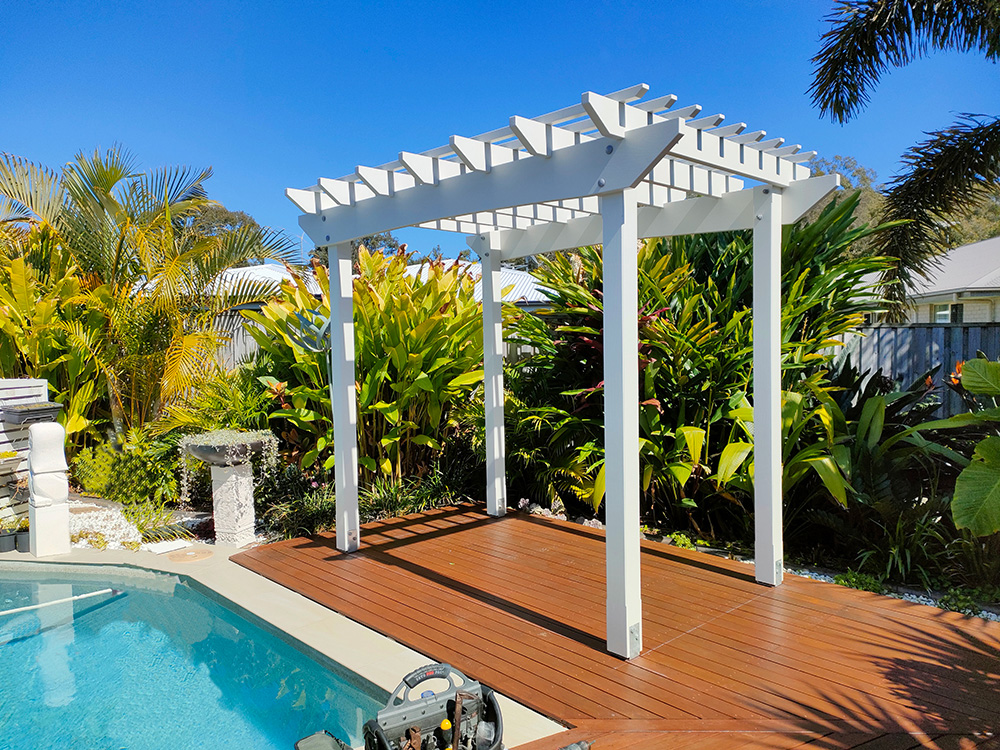 The small Pergola is just about to have the screening added so that flowering vines can climb around the sides.