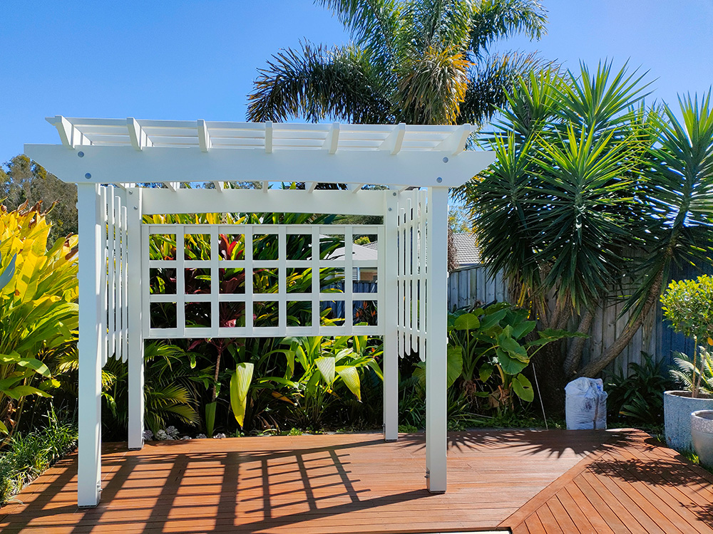 This Pergola has been fully painted in a Surfmist color to match the house and it looks perfect out by the pool.