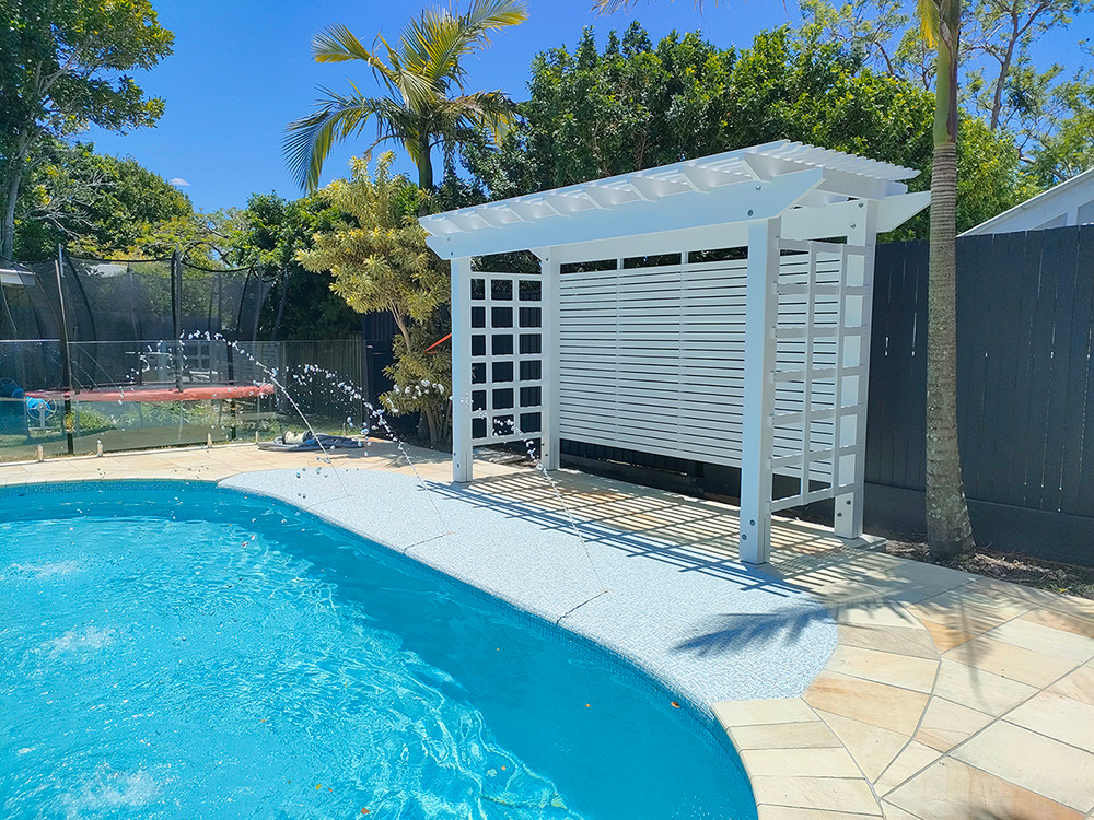 This Pool area has recently been renovated and a new water feature has been added. What fun for the kids and a new sitting area to watch them.