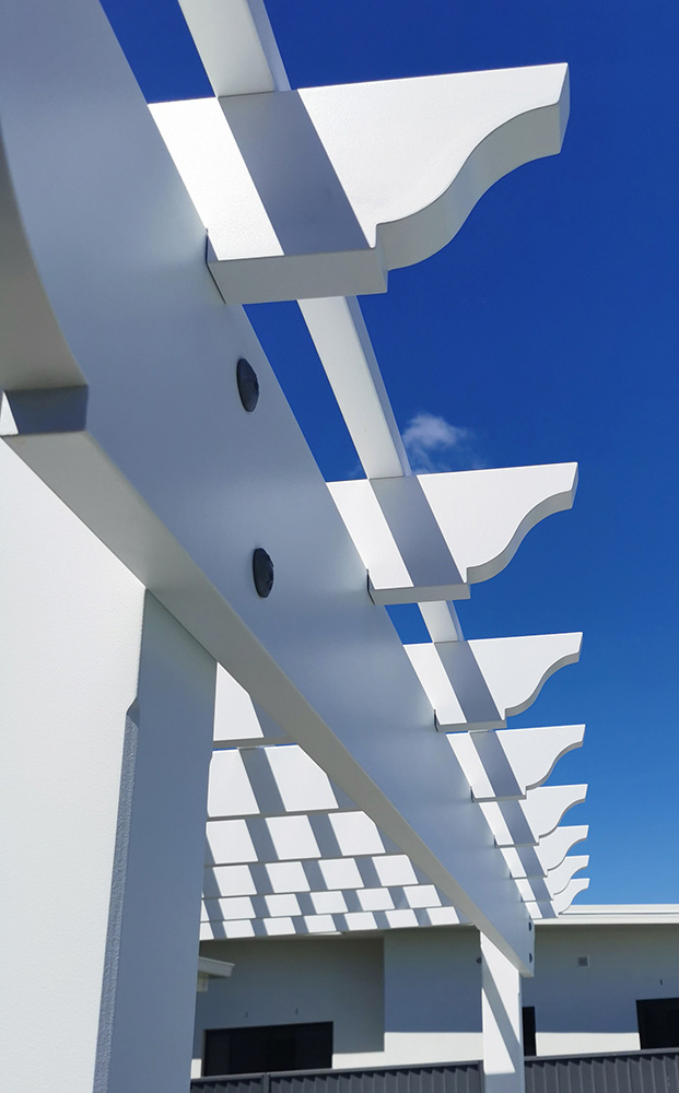 Pergola profiles are hand cut and sanded for a stunning finish.