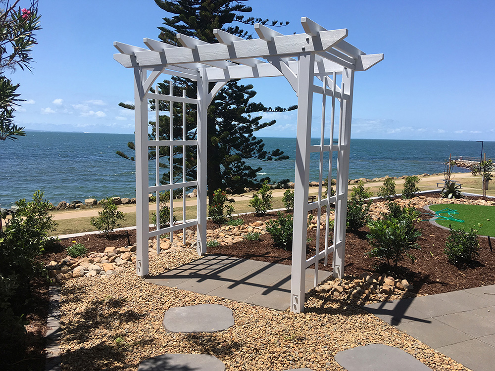 A bench will be added to this Pergola for a lovely sitting area to look out over the water.