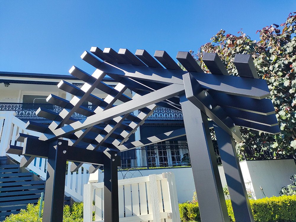 Black Pine Entrance Arbour with flawless finish, all hidden fixings from both above and below.