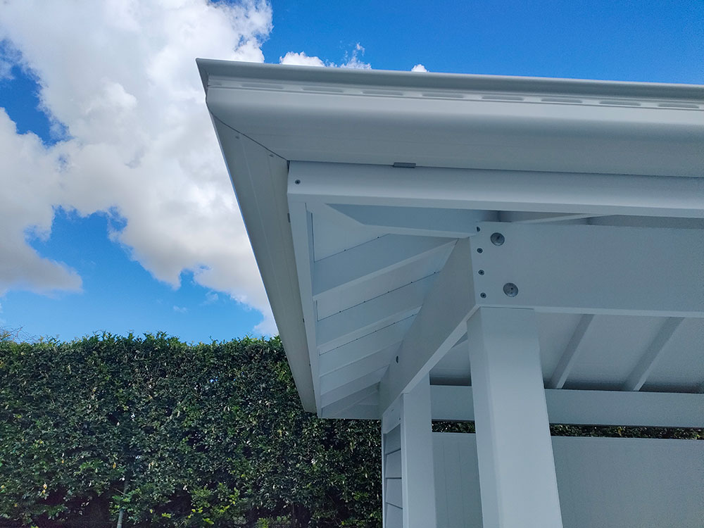 The Hip Roof provides a great overhang which protects the Pool Cabana walls from the weather while providing shade for the new outdoor entertainment area.