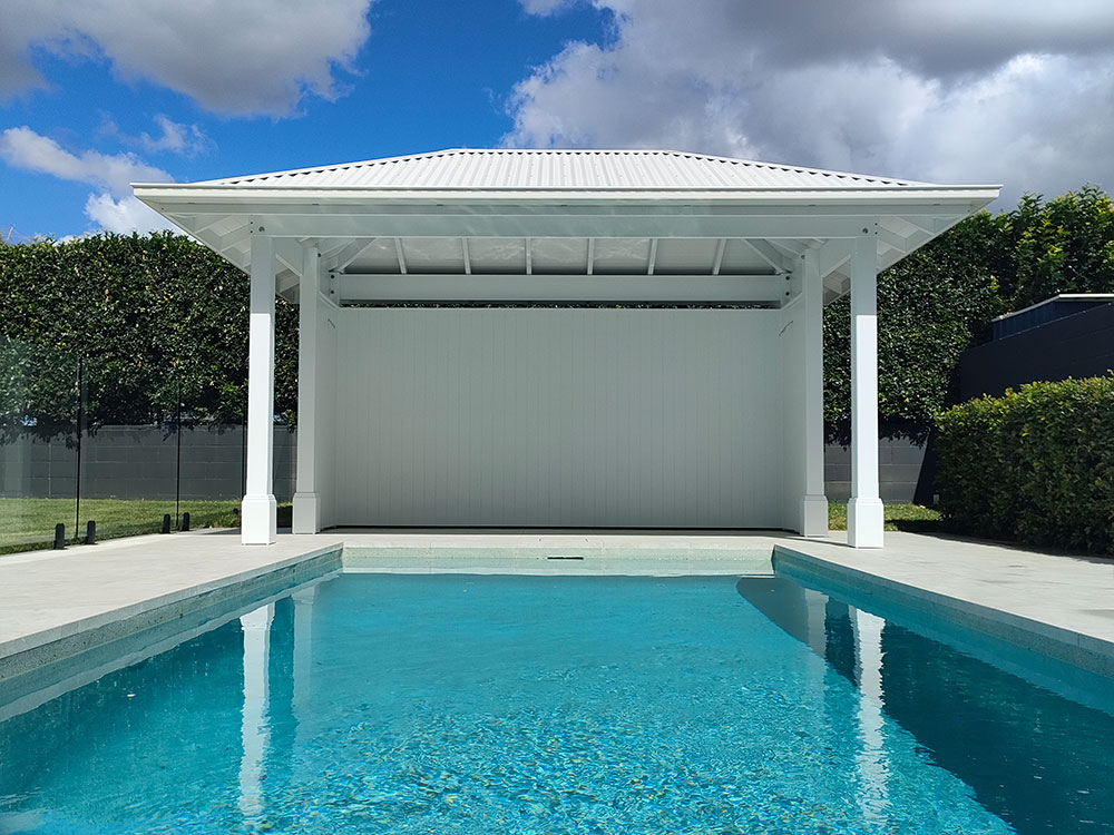 This White and Grey Hamptons Style Pool Cabana has many features including VJ Ceiling, VJ Walls and Decorative Post Boxes.