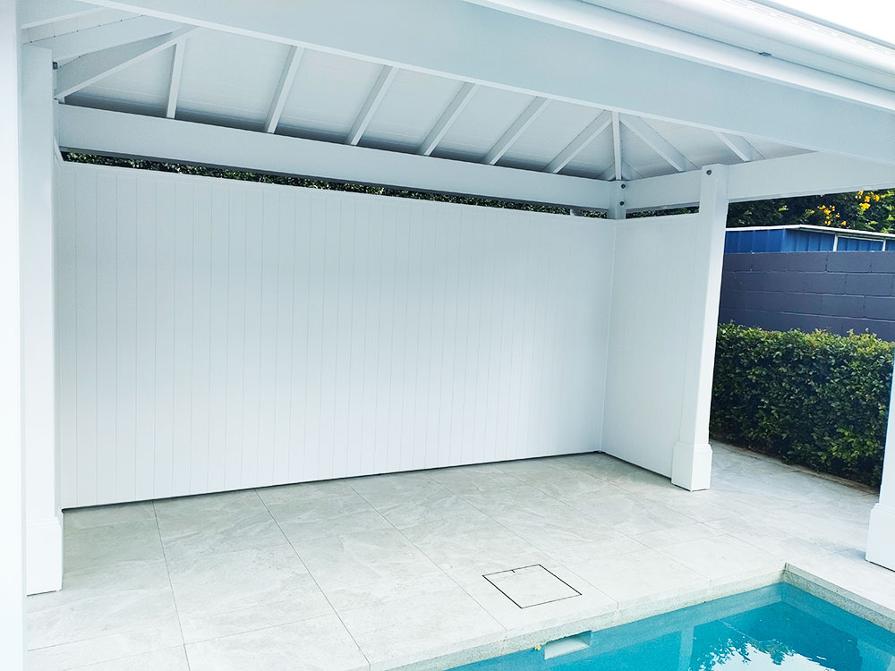 This Gazebo or Pool Cabana has many features, these include VJ walls with a flawless finish, VJ Ceiling and elegant Decorative Post Boxes.