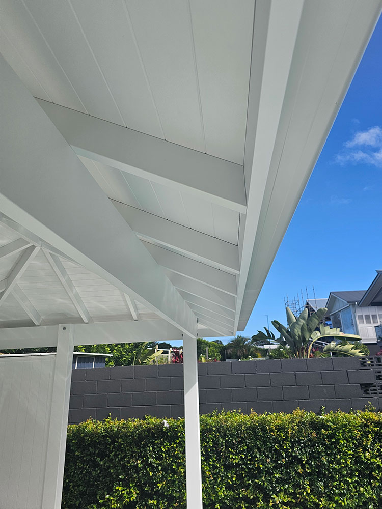 The Pool Cabana Hip Roof has a overhang with fascia and full wrap around gutter. We carefully fit each rafter and VJ ceiling for a premium finish.