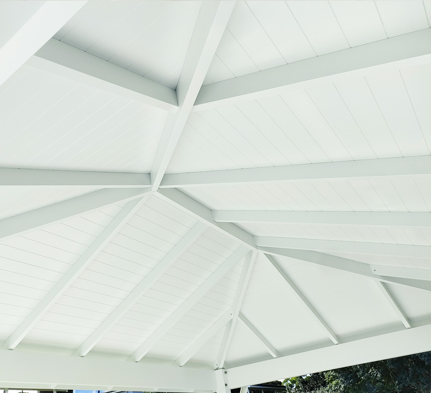 Exposed rafters with a VJ Ceiling. This white ceiling has a premium flawless finish.