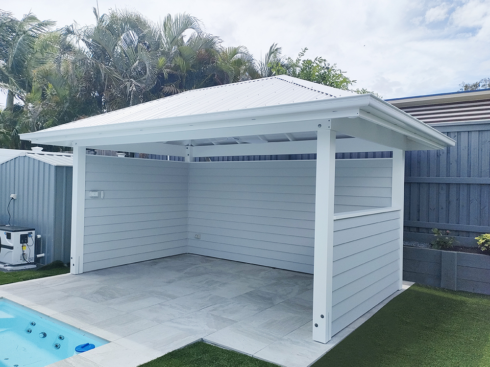 Beautiful White Pool Cabana with Grey Cladded Walls
