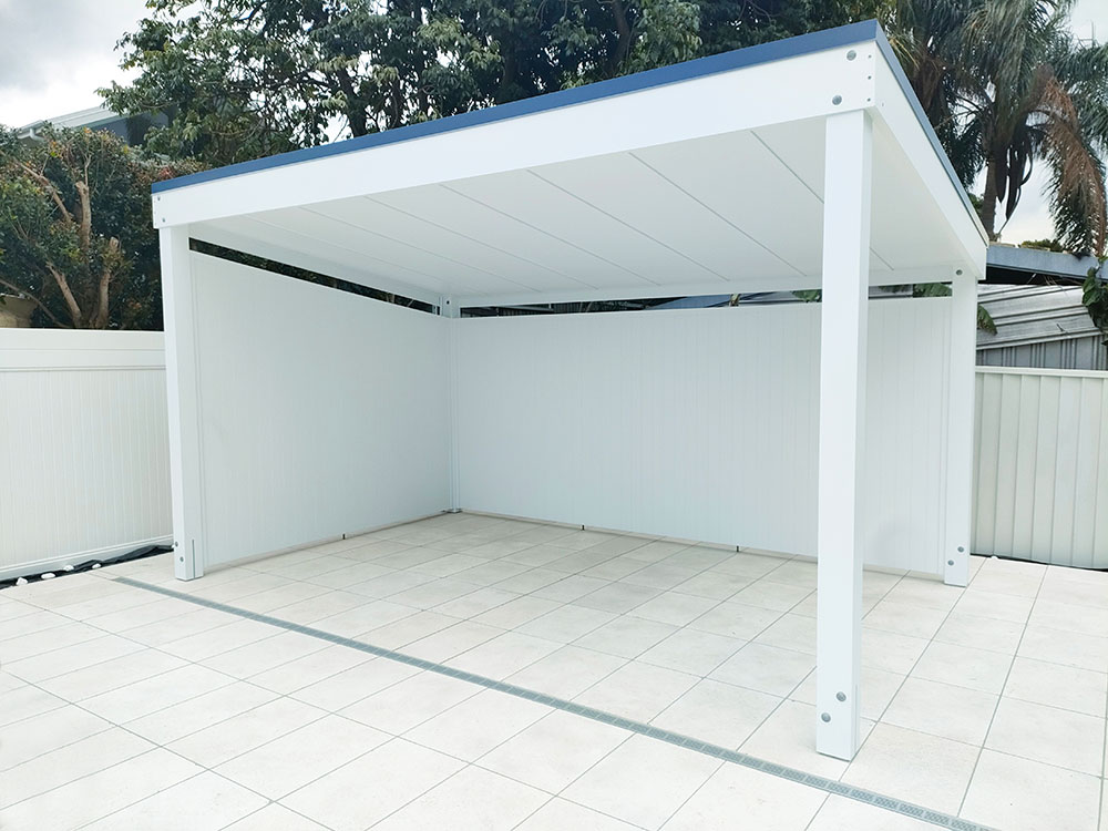 Pool Cabana with 2 walls and smooth plywood ceiling.