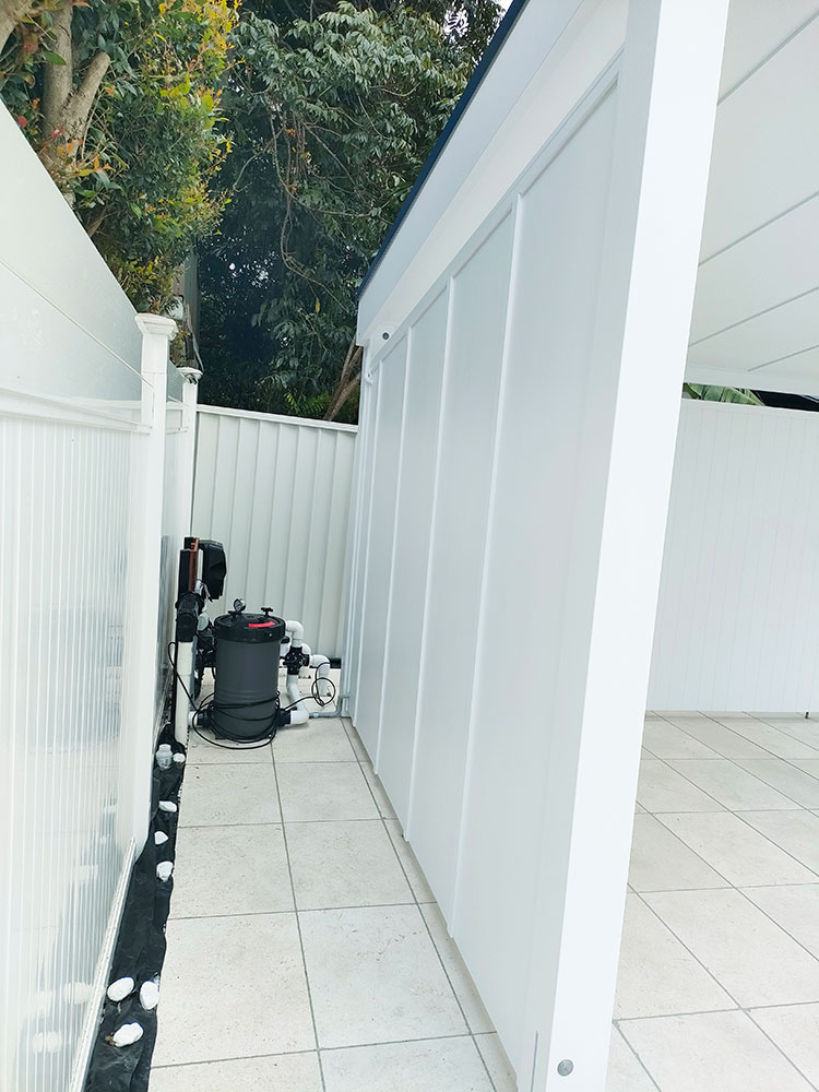 Pool Cabana side wall has HardieFlex cladding.