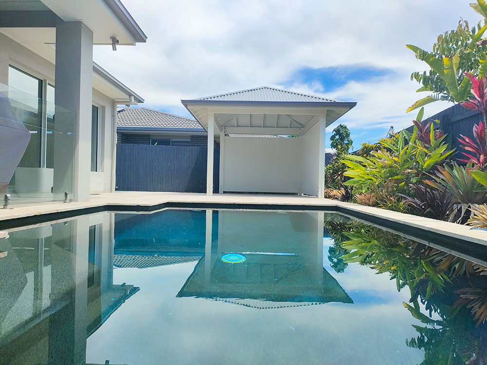 Pool Cabana with 2 walls, view from the pool.